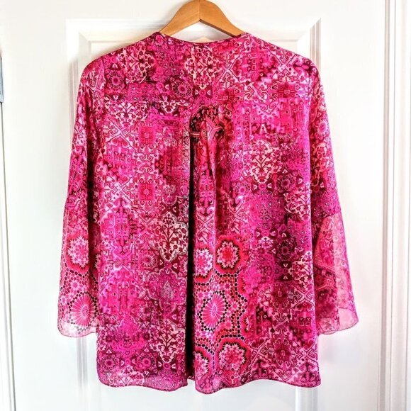 Elie Tahari Magenta Pink Print Silk Pleated Tunic Top - Picture 2 of 7
